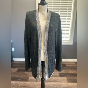 BKE Buckle Sweater Women XL Black White Cross Back Open Cardigan Duster Boho